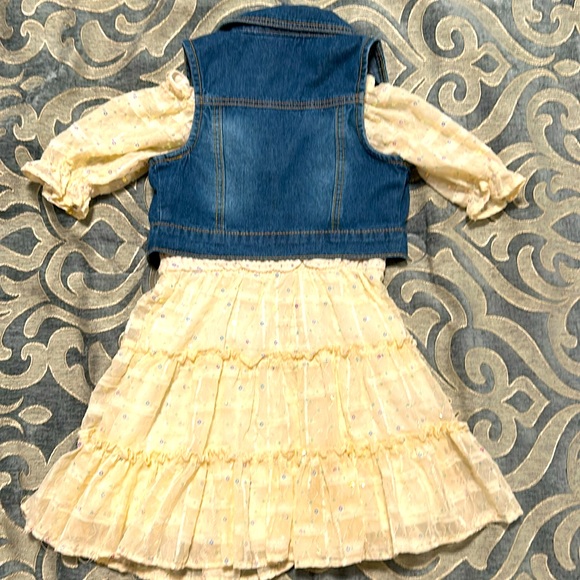Girls 5 Sleeveless Denim Vest & Sequin-Embellished Floral Chiffon Fit-And-Flare - Picture 3 of 5